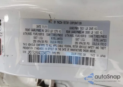 2012 Mazda Cx-9 Sport из США, поврежденный, VIN JM3TB2BV4C0346771